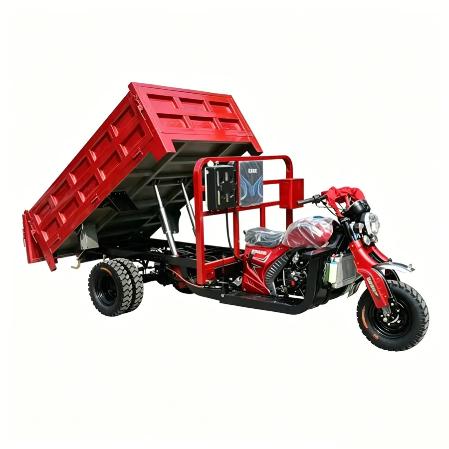 Three-wheeled dump tricycle with a raised hydraulic tipper bed